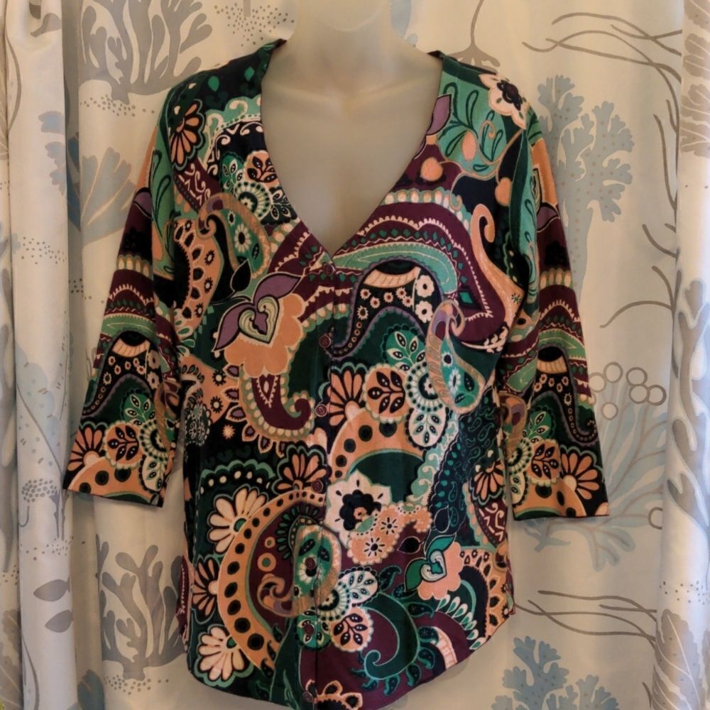 Isaac Mizrahi Live! Purple Paisley Cardigan Sweater 3/4 Length Sleeves, Sz S